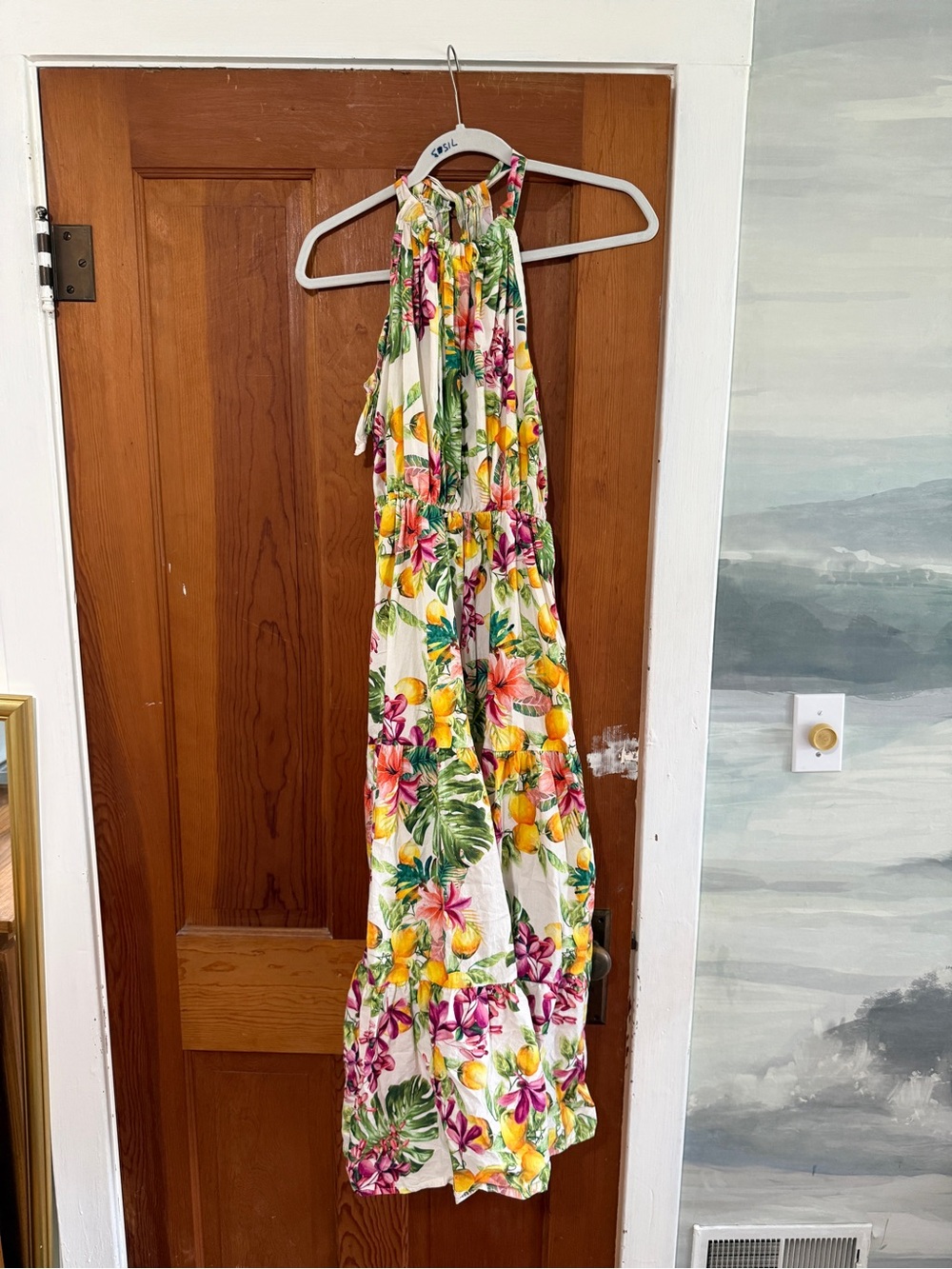 Tropical Maxi Dress with Yellow, Pink and Green Tropical Print and Lemons